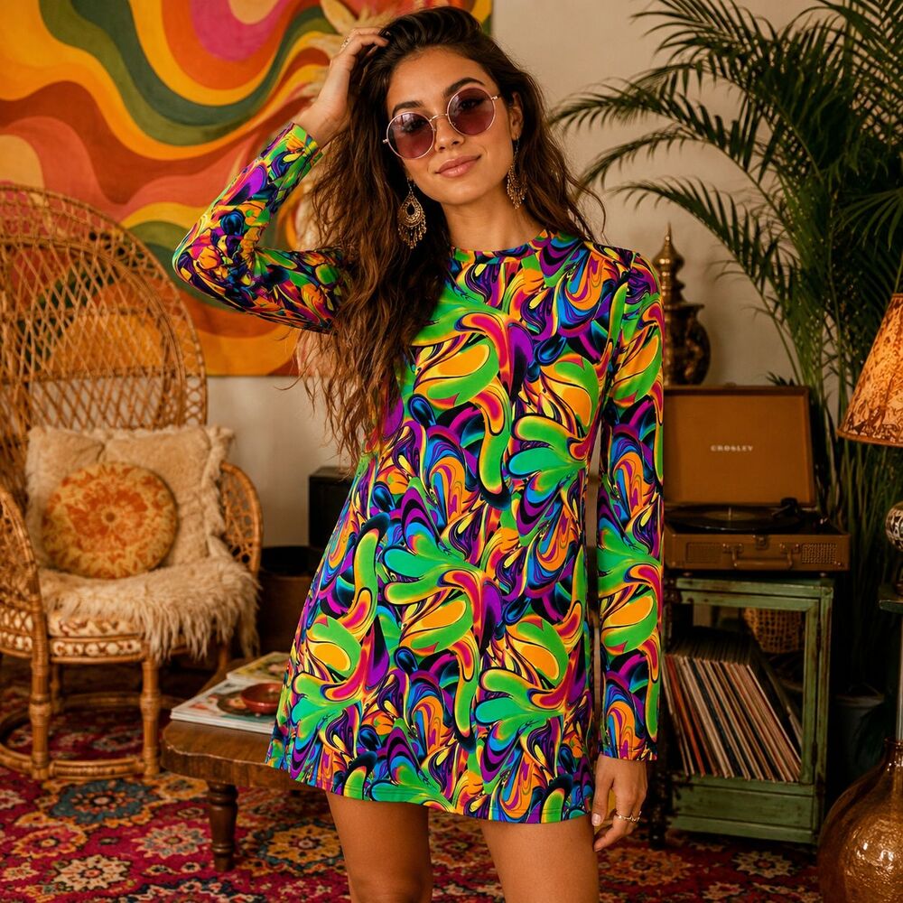 Womens Psychedelic Shirt Dress Retro Groovy Boho Festival Mini Long Sleeve M